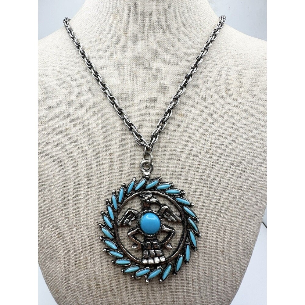Vintage Silver Tone Zuni Style Eagle Necklace  Faux Turquoise 24”